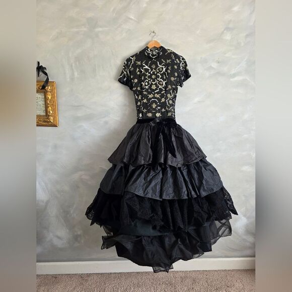 Valentino 1980s Sequined Black and Gold Tiered Taffeta and Lace Dress Rare XS - Picture 1 of 15